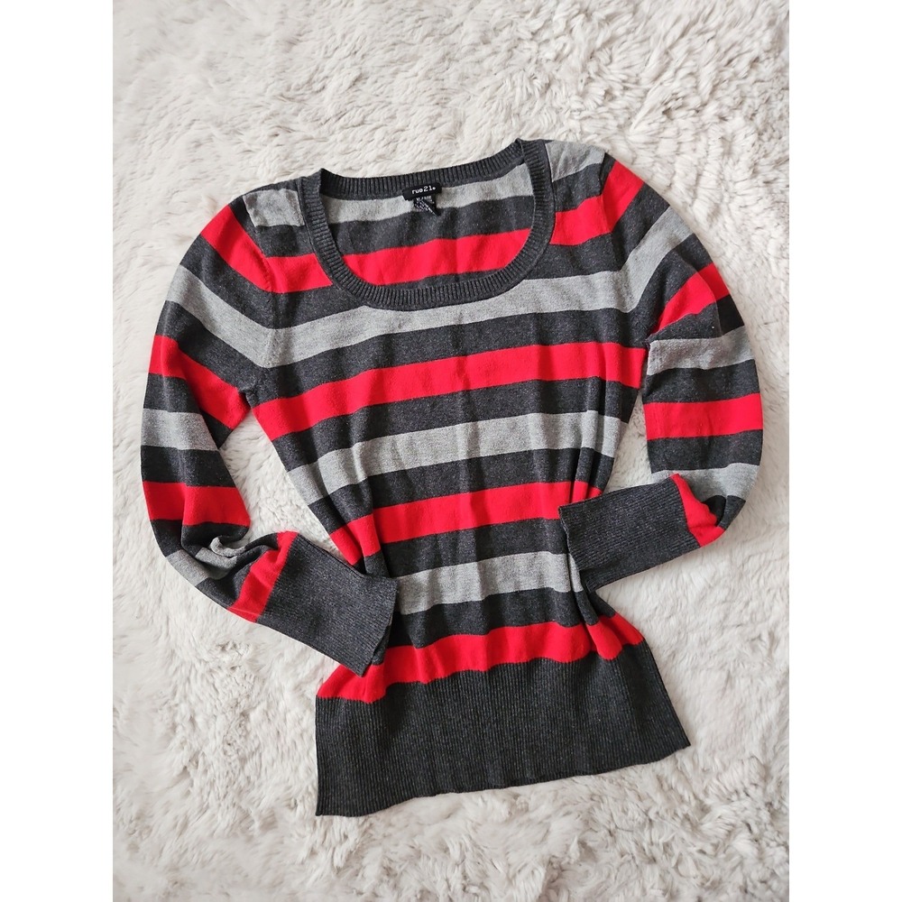 Y2K Rue 21 Striped Scoop Neck Sweater Red Gray Indie Sleaze Grunge XL